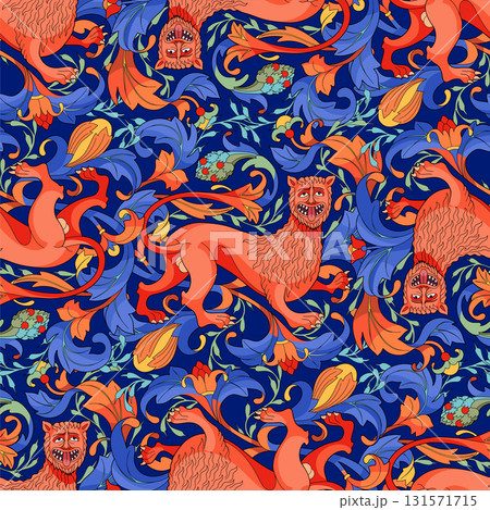 Graphic seamless pattern of a medieval lion 131571715