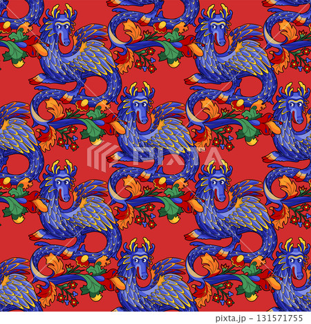 Graphic seamless pattern of a funny blue dragon 131571755
