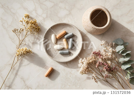 Supplement Capsules on Marble with Soft Natural Light 131572036