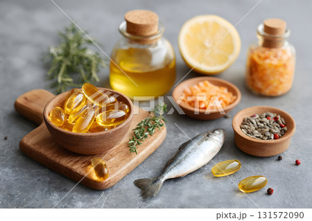 Omega-3 Fish Oil Capsules with Natural Food Sources Omega-3 Fish Oil Capsules with Natural Food Sources 131572090