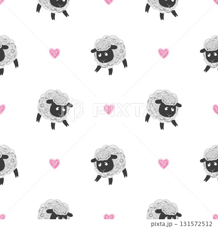 Seamless pattern with cute sheep and hearts. Baby print, textile design 131572512