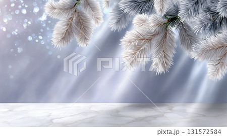 Elegant Winter Background with Frosted Branches, Bokeh Lights, and Marble Table Elegant Winter Background with Frosted Branches, Bokeh Lights, and Marble Table 131572584