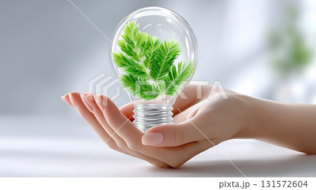 Hands holding a lightbulb with green leaves, symbolizing green energy, sustainability, and environmental protection. Hands holding a lightbulb with green leaves, symbolizing green energy, sustainability, and environmental protection. 131572604