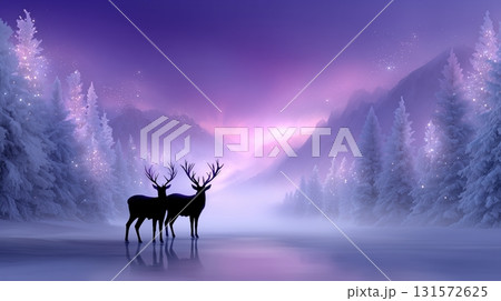 Mystical Winter Landscape with Deer Silhouettes, Sparkling Trees, and a Purple Sky Mystical Winter Landscape with Deer Silhouettes, Sparkling Trees, and a Purple Sky 131572625