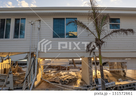 Destroyed house on ocean shore. Hurricane Milton consequences on Manasota Key, Florida. Storm surge severe damage 131572661