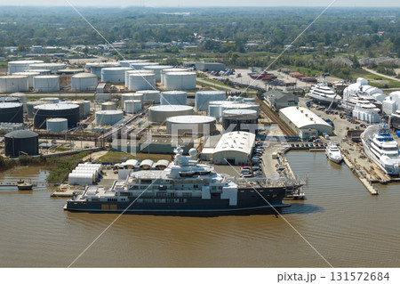 Construction of luxury yachts in shipyard in Savannah, Georgia. Assembly of sea ships 131572684