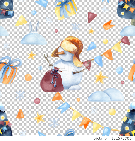 Christmas seamless pattern children illustration. Snowman, tree, garland, star, snow and snowdrift, gift box. Watercolor art isolated from background. New Year packaging, wrapping paper, decoration Christmas seamless pattern children illustration. Snowman, tree, garland, star, snow and snowdrift, gift box. Watercolor art isolated from background. New Year packaging, wrapping paper, decoration 131572700