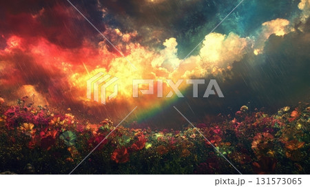 Rainbow Rain Over Flower Field. 131573065