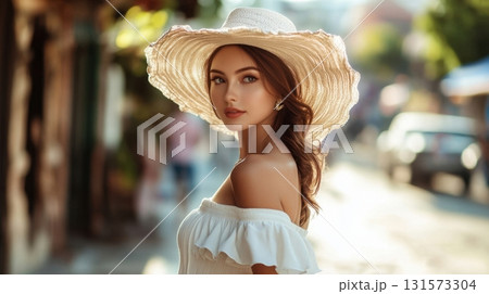 Summer Fashion Woman in Straw Hat. 131573304