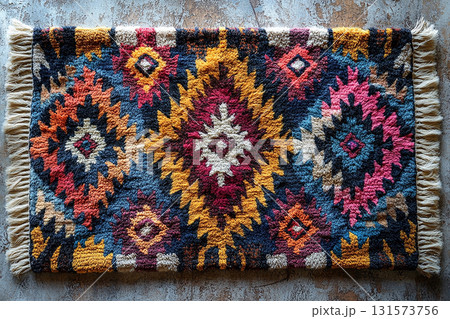 Handwoven rug texture with geometric print on a white background. Top view. Handwoven rug texture with geometric print on a white background. Top view. 131573756