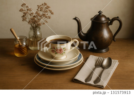 Vintage tea-time still life with floral teacup and teapot Vintage tea-time still life with floral teacup and teapot 131573913