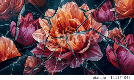 An abstract image featuring vibrant, close-up red and orange flowers arranged with petals radiating outward. Over the floral design, a web-like pattern of cracks gives the appearance of shattered glas 131574042