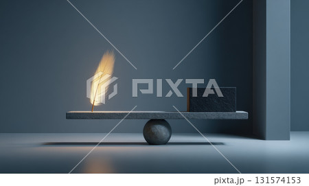 Conceptual abstract balance scale with light feather and heavy weight. minimalist image evokes feeling of calm justice, equilibrium, and profound concept 131574153