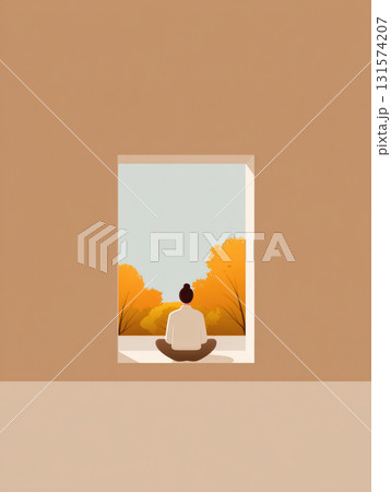 Calm person meditating in serene, minimalist room, finding peaceful solitude while gazing at beautiful autumn landscape view from window. concept of mindfulness Calm person meditating in serene, minimalist room, finding peaceful solitude while gazing at beautiful autumn landscape view from window. concept of mindfulness 131574207