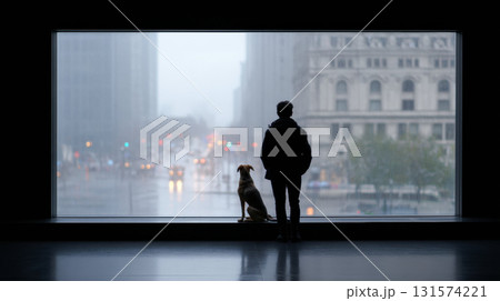 Pensive silhouette of person and dog looking out large window at rainy city cityscape. contemplative moment of quiet companionship and solitude indoors 131574221