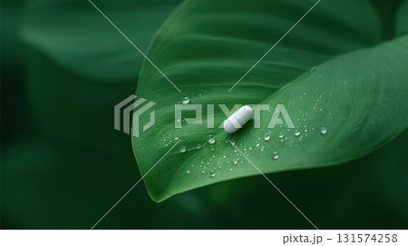 White pill, natural herbal medicine and supplement for health care, resting on vibrant green leaf. serene and pure concept for alternative wellness and healing White pill, natural herbal medicine and supplement for health care, resting on vibrant green leaf. serene and pure concept for alternative wellness and healing 131574258