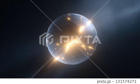 Mysterious abstract sphere with polished, cracking surface glows with powerful golden energy. magical orb floats in dark space, creating luminous and futuristic background 131574271