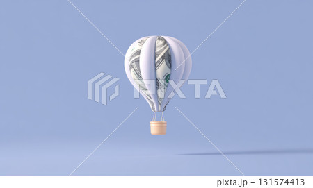 Conceptual hot air balloon made of money floating up. financial symbol for inflation, investment, economy, and rising currency value against blue background 131574413