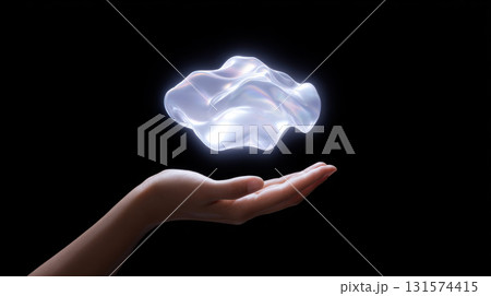 Mysterious glowing fluid shape representing future currency floats weightlessly over human hand. abstract concept of digital technology embodies innovation and hope 131574415