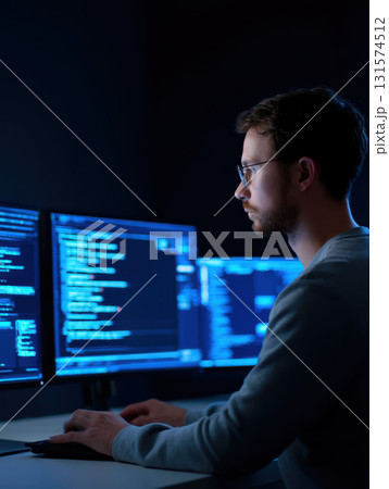Focused male programmer, serious expert, analyzing complex code. software developer works on computer with multiple monitors for cybersecurity project at night 131574512