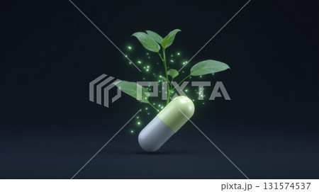 Hopeful concept of natural medicine for health and healing. single pill with plant showing growth from nature power, green glowing herbal remedy on dark background 131574537