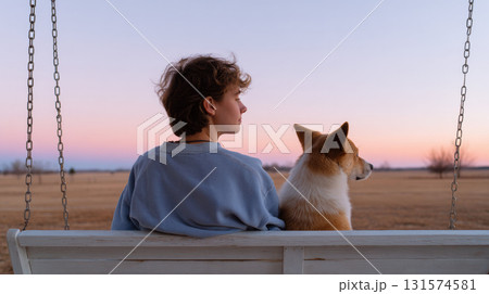 Calm young person and pet dog sharing peaceful moment of companionship on porch swing. duo watch tranquil twilight sky over quiet countryside field 131574581