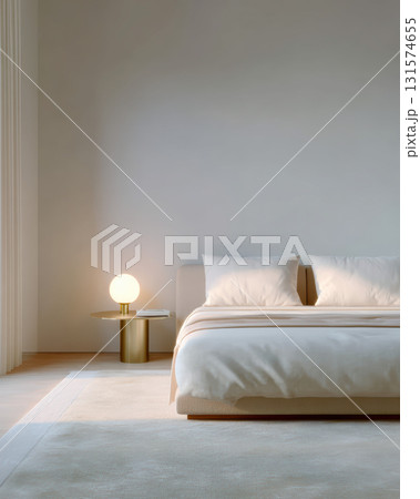 Serene and minimalist bedroom interior design with modern furniture. comfortable bed sits next to glowing lamp on table, creating calm and peaceful ambient light 131574655