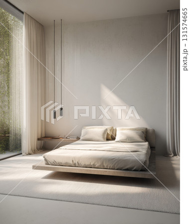 Calm peaceful minimalist bedroom interior. Modern home bed bathed in soft sunlight from large window, creating serene and relaxing atmosphere, ideal for rest Calm peaceful minimalist bedroom interior. Modern home bed bathed in soft sunlight from large window, creating serene and relaxing atmosphere, ideal for rest 131574665