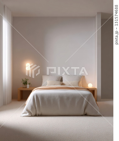 Calm and serene minimalist bedroom interior. modern home design features cozy bed with warm light, creating peaceful and inviting atmosphere for relaxation and comfort Calm and serene minimalist bedroom interior. modern home design features cozy bed with warm light, creating peaceful and inviting atmosphere for relaxation and comfort 131574688