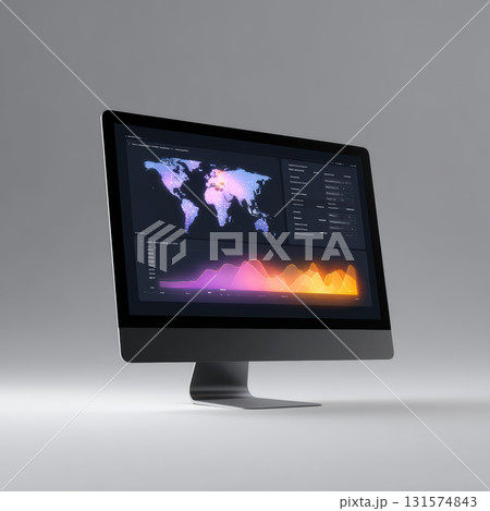 Modern computer screen showing sophisticated data visualization dashboard. display features global map, complex analysis, and vibrant charts for business and finance intelligence Modern computer screen showing sophisticated data visualization dashboard. display features global map, complex analysis, and vibrant charts for business and finance intelligence 131574843