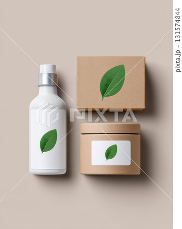 Natural cosmetic skincare product packaging mockup. An eco friendly set with white bottle, kraft box, and round container showcasing simple, clean, green leaf design Natural cosmetic skincare product packaging mockup. An eco friendly set with white bottle, kraft box, and round container showcasing simple, clean, green leaf design 131574844
