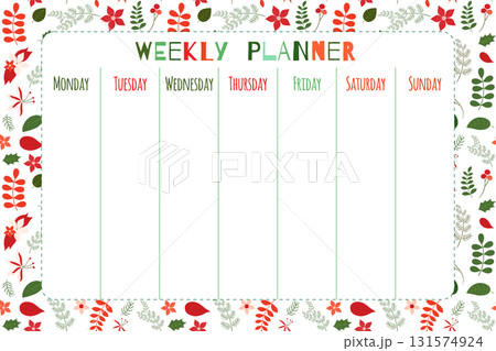 Elegant floral vector weekly planner template in red and green for Christmas planning 131574924