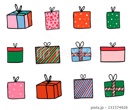 Vector set with hand drawn doodle gift boxes, holiday presents in red, green and pink colors 131574926
