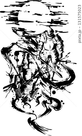 騎士と武者の墨絵イラスト 131575023