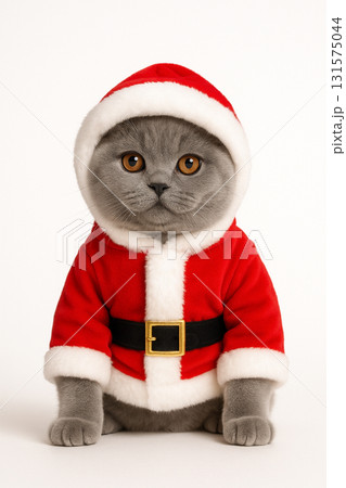 British Shorthair Kitten in Santa Claus Costume on White Background British Shorthair Kitten in Santa Claus Costume on White Background 131575044