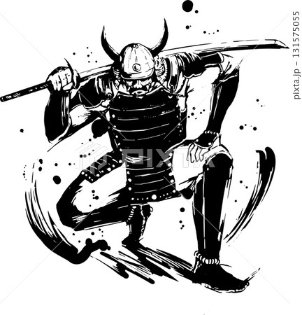 しゃがむ侍の墨絵イラスト 131575055