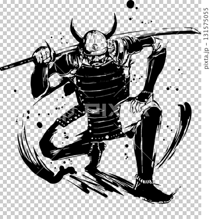 しゃがむ侍の墨絵イラスト 131575055