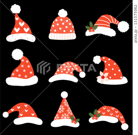 Funny Christmas vector set with Santa hats in red and white wih dots, stripes and snowflakes for holiday graphic design Funny Christmas vector set with Santa hats in red and white wih dots, stripes and snowflakes for holiday graphic design 131575062