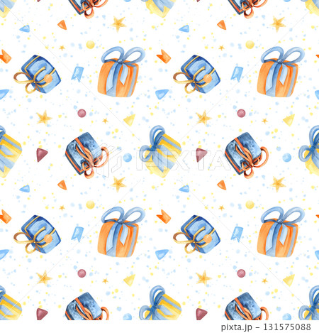 Festive seamless pattern with gift box, confetti, flags, watercolor spray. Bright illustration cheerful art isolated from background. For birthday packaging, wrapping paper, holiday decoration 131575088