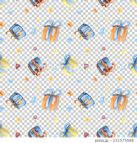 Festive seamless pattern with gift box, confetti, flags, watercolor spray. Bright illustration cheerful art isolated from background. For birthday packaging, wrapping paper, holiday decoration 131575088