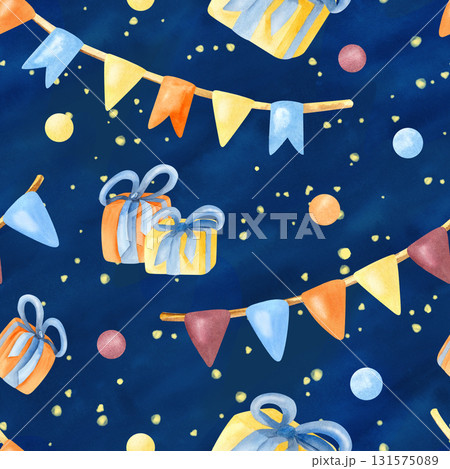 Birthday, festive seamless pattern. Flag garland, gift box, confetti. Bright colorful watercolor illustration art isolated on dark blue background. For packaging, wrapping paper, holiday decoration 131575089