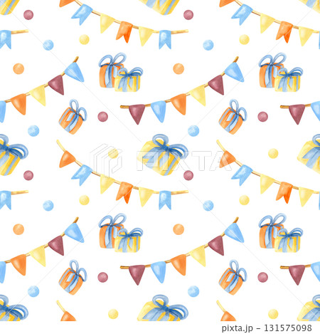 Birthday, festive seamless pattern. Flag garland, gift box, circle confetti. Bright colorful watercolor illustration art isolated from background. For packaging, wrapping paper, holiday decoration Birthday, festive seamless pattern. Flag garland, gift box, circle confetti. Bright colorful watercolor illustration art isolated from background. For packaging, wrapping paper, holiday decoration 131575098