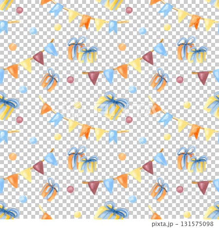 Birthday, festive seamless pattern. Flag garland, gift box, circle confetti. Bright colorful watercolor illustration art isolated from background. For packaging, wrapping paper, holiday decoration Birthday, festive seamless pattern. Flag garland, gift box, circle confetti. Bright colorful watercolor illustration art isolated from background. For packaging, wrapping paper, holiday decoration 131575098