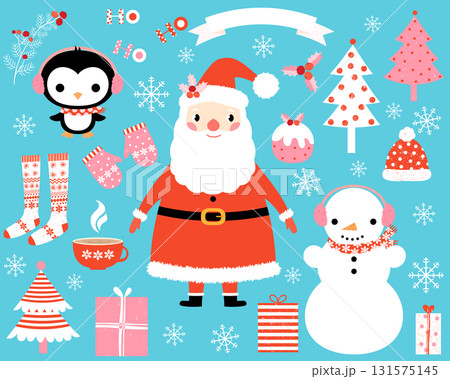 Vector Christmas set with holiday clothes and elements, Santa Claus, cute penguin, snowman for backgrounds, greeting cards and decor Vector Christmas set with holiday clothes and elements, Santa Claus, cute penguin, snowman for backgrounds, greeting cards and decor 131575145