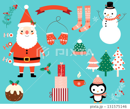 Christmas vector characters and design elements set in cartoon style - Santa Claus, penguin, snowman, trees, presents, stocking, mittens, holly Christmas vector characters and design elements set in cartoon style - Santa Claus, penguin, snowman, trees, presents, stocking, mittens, holly 131575146