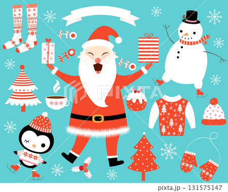Cute vector set with laughing Santa Claus, penguin, snowman and winter and Christmas elements for graphic design Cute vector set with laughing Santa Claus, penguin, snowman and winter and Christmas elements for graphic design 131575147