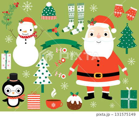 Cute vector set with kawaii Santa Claus, penguin, snowman, winter clothes and objects for greeting cards and graphic design 131575149