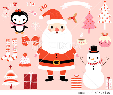 Christmas vector characters and design elements set in cartoon style - Santa Claus, penguin, snowman, trees, presents, stocking, mittens, holly 131575150