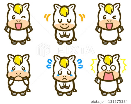 かわいい表情の白馬の落書き風イラスト素材セット 131575384