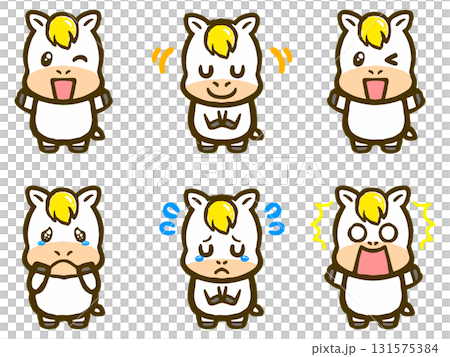 かわいい表情の白馬の落書き風イラスト素材セット 131575384